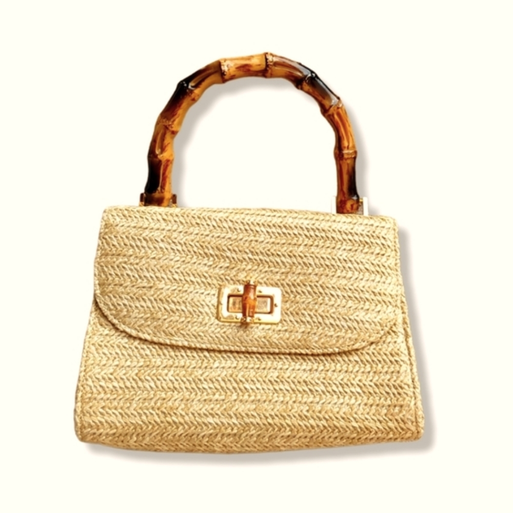 Mini straw bag wooden handle